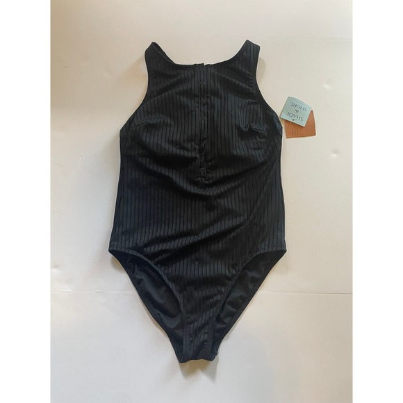 Shade & Shore Other - NWT Shade & Shore Black Ribbed‎ Henley One Piece Swimsuit Tummy Control L